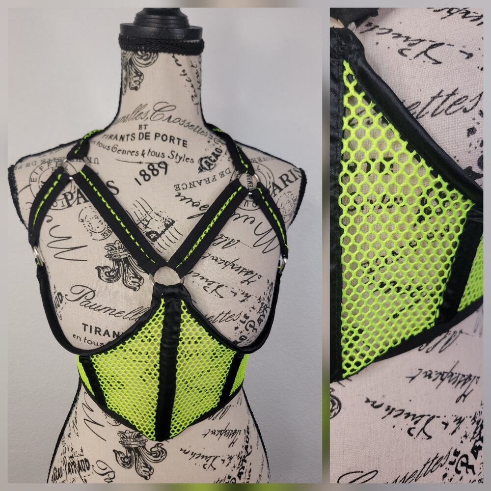 DAISY CORSETS Mesh Open Cup Rave Body Harness SZ S High Constrast Neon Green